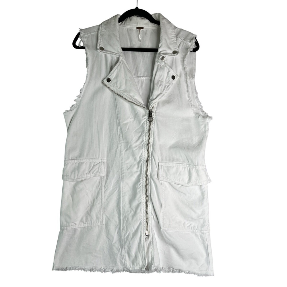 Free People Asymmetrical White Denim Moto Dress / Long Vest Sleeveless Zip Up S